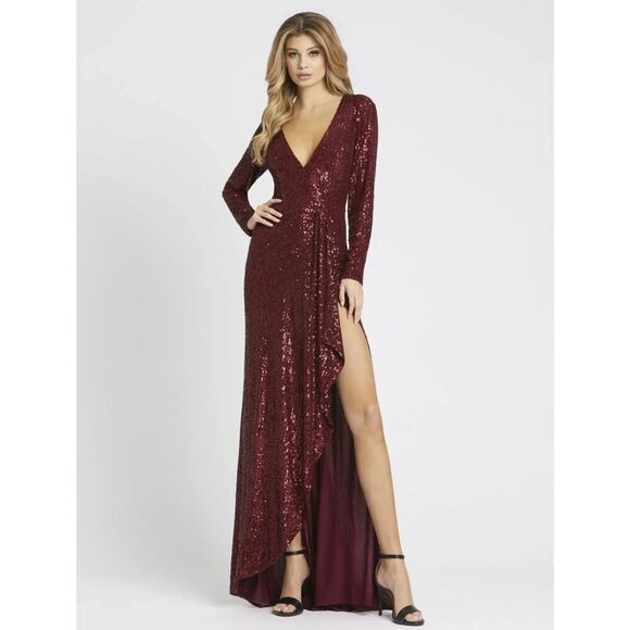 Ieena for Mac Duggal  Red Faux Wrap Long Sleeve Sequin Gown - Size 6 - NWT - Picture 1 of 6